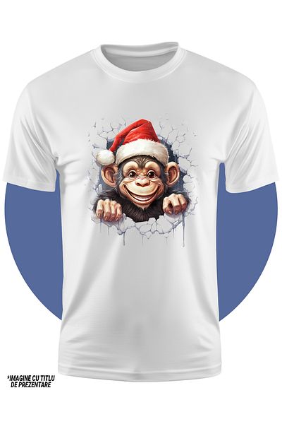 StoryGift Romania Tricou Copii Cu Un Cimpanzeu Cu Caciula De Craciun, Ilustratie, Scoate Capul Printr-o Gaur