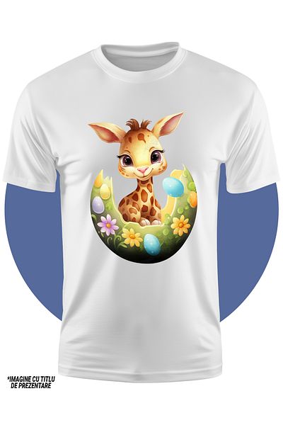 StoryGift Romania Tricou Copii Cu Un Pui De Girafa Care Iese Dintr-un Ou Spart, Ilustratie, Floricele, Oua V