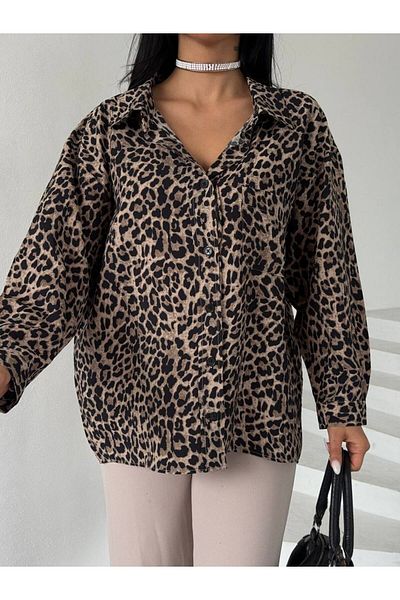 JESSE STORY Cămașă oversize pentru femei cu model leopard, cu buzunare (țesătură din viscoză)