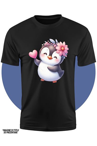 StoryGift Romania Tricou Copii Cu Un Pinguin Bucuros, Ilustratie, Inimioara, Floare, Afectiune, Cadou, Valen