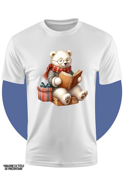 StoryGift Romania Tricou Copii Cu Un Urs Polar Care Citeste O Carte, Ilustratie, Imbracat Gros, Lectura, Ese