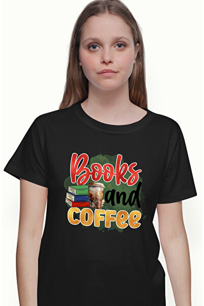StoryGift Romania Tricou Femei Cu Mesajul "books And Coffee", Ilustratie, Sco...