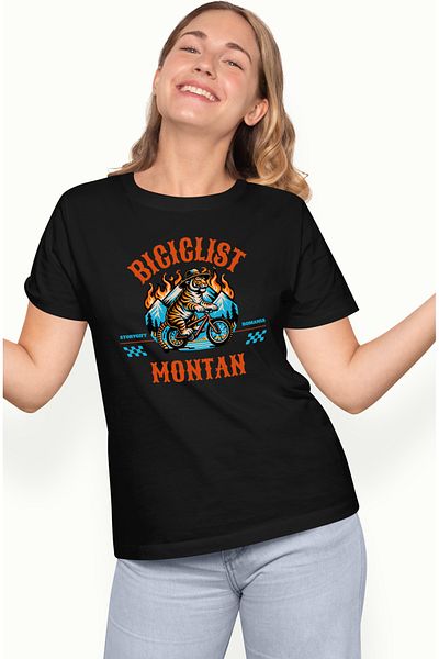 StoryGift Romania Women's T-shirt tiger on a mountain bike adventure with print on the front, 100% Cotton BLK_L, STG60218