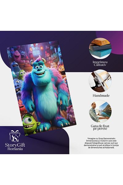 StoryGift Romania Tablou Canvas: Monster Inc, Mike Înconjurat De Prieteni - Scene Din Desene Animate Cu Personaj