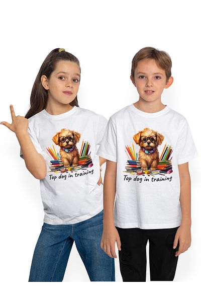 StoryGift Romania Kids T-shirt with a puppy with glasses, illustration, the message "Top dog in training", training, STG4