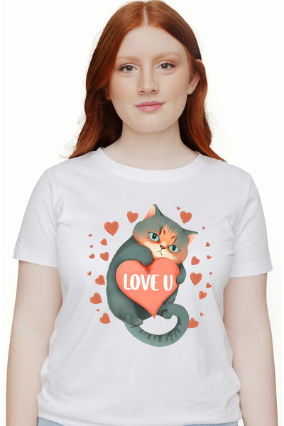 StoryGift Romania Tricou Femei Cu Pisica Cu Mesajul "love U", Iubire, Ilustra...