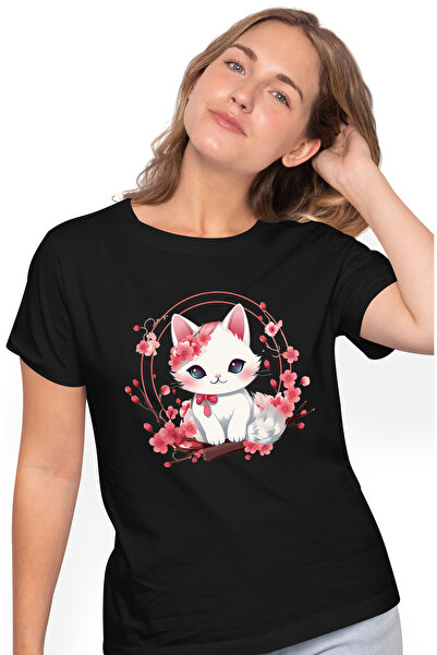 StoryGift Romania Tricou Femei Cu O Pisicuta Alba Imbujorata, Ilustratie, Flori, Cerc, Abstract, P Blk_s