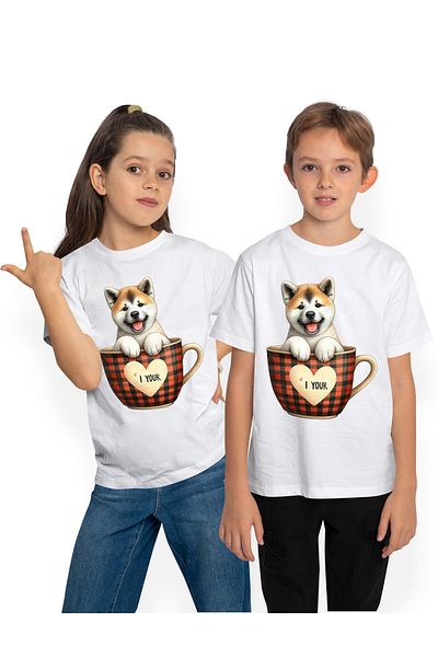 StoryGift Romania Tricou Copii Cu Un Catel Chow Chow Care Sta Intr-o Ceasca, Ilustratie, Vesel, Jucaus, Apre