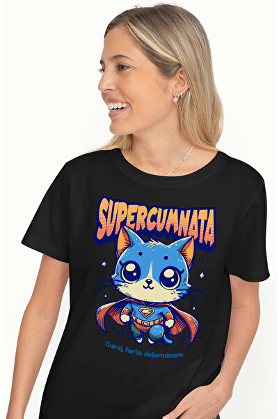 StoryGift Romania Tricou Femei Super Cumnata, Supererou, Pisica Zburand, Cu Imprimeu Pe Fata, 100 Blk_m