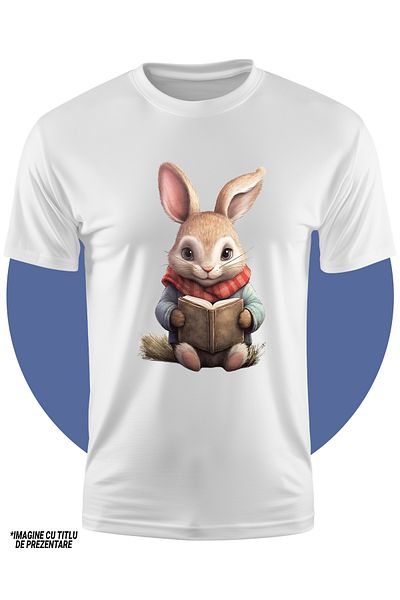 StoryGift Romania Tricou Copii Cu Un Iepuras Care Tine O Carte Deschisa, Ilustratie, Imbracat Gros, Fular, F