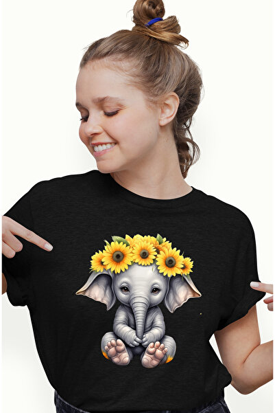 StoryGift Romania Tricou Femei Cu Un Pui De Elefant Cu Multe Flori Pe Cap, Fl...