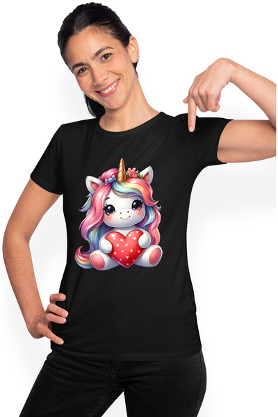 StoryGift Romania Tricou Femei Cu Un Unicorn Care Tine O Inima In Brate, Ilustratie, Imbujorata, A Blk_l