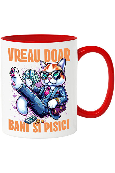 StoryGift Romania Cana Cu Pisica In Costum Office Cu Bancnote Bani Text Vreau...