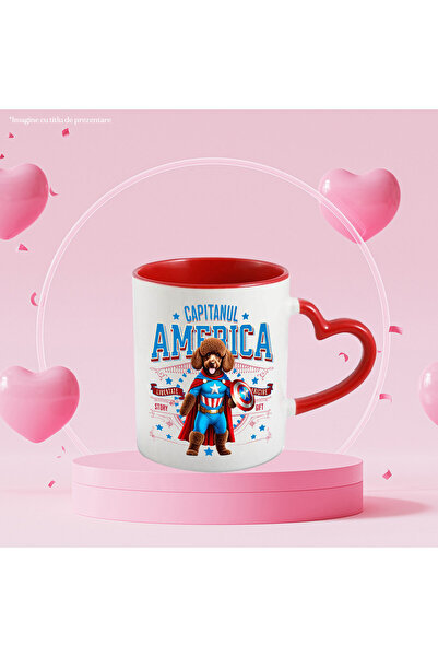 StoryGift Romania Mug with Poodle / Poodle Dog in Captain America Costume with Cape, Night Hero, with Heart Handle STG