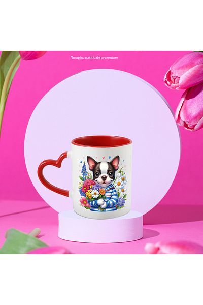 StoryGift Romania Mug with a happy puppy | illustration | holding a bouquet of flowers | but for love, With ,STG.