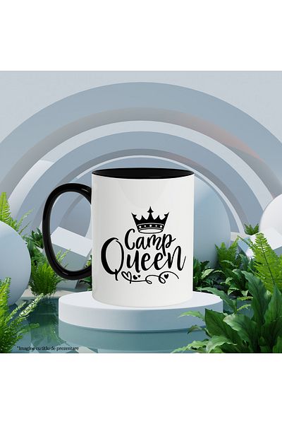 StoryGift Romania Mug with a royal crown and the text "Camp queen" - camp queen with Black Handle, With M,STG