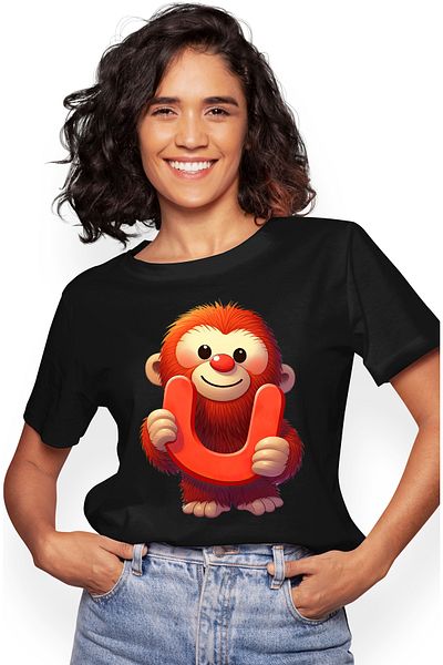 StoryGift Romania Women's T-shirt with an orangutan with the letter "U", illustration, for children, school, el BLK_L,STG62651