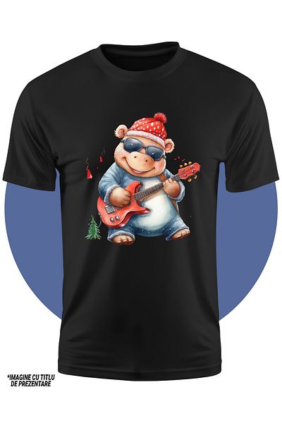 StoryGift Romania Tricou Copii cu un hipopotam vesel care canta la chitara, ilustratie, caciula, braduti, in
