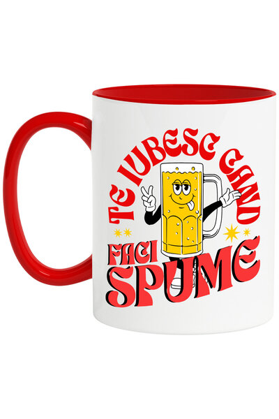 StoryGift Romania Cana Cu Halba De Bere Vesela Cu Limba Scoasa Text Te Iubesc Cand Faci Spume, Alc, Cu Maner Rosu Stg