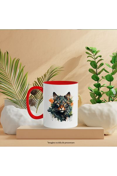 StoryGift Romania Cat Head Mug, mosaic, Leaves, Paint, Abstract, Multicolor 330 ml, Wax, With ,STG.