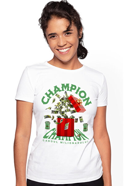 StoryGift Romania Tricou Femei Champion - Cadoul Milionarului, Cu Imprimeu Pe Fata, 100% Bumbac, Wht_l