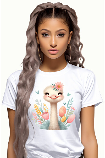 StoryGift Romania Tricou Femei Cu O Pasare Strut, Ilustratie, Africa, Flori, ...