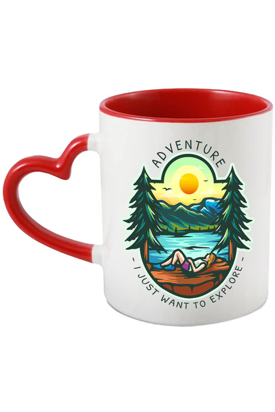 StoryGift Romania Cana Cu Mesaj In Engleza Adventure I Just Want To Explore, Munte, Apus, Lac, Bra, Cu Maner Inim Stg