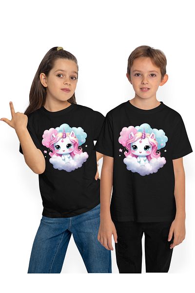 StoryGift Romania Tricou Copii Cu Un Unicorn Care Sta Pe Un Norisor, Ilustratie, Stelute, Noapte, Fericit, V