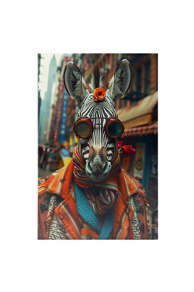 StoryGift Romania Tablou Canvas Cool Zebra Cu Ochelari Si Trandafir In Frunte Cu Esarfa Si Palton Gros Iesit La