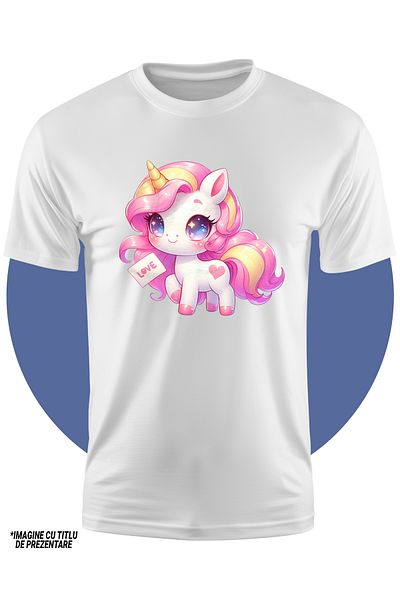 StoryGift Romania Tricou Copii Cu Un Unicorn Vesel, Ilustratie, Imbujorata, Foita Cu Mesajul "love", Afectiu