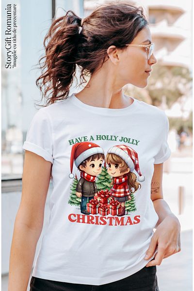 StoryGift Romania Tricou Femei Cu Fetita Si Baietel Cu Mesajul "have A Holy Jolly Christmas", Crac Wht_l