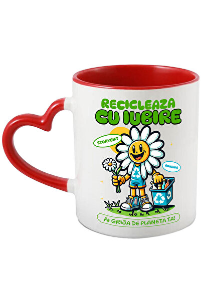 StoryGift Romania Cana Cu Floare Margareta Reciclare Sticle Goale Text Recicleaza Cu Iubire Ai Gri, Cu Maner Inim Stg