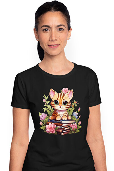 StoryGift Romania Tricou Femei Cu O Pisicuta Care Sta Pe Un Teanc Cu Carti, I...