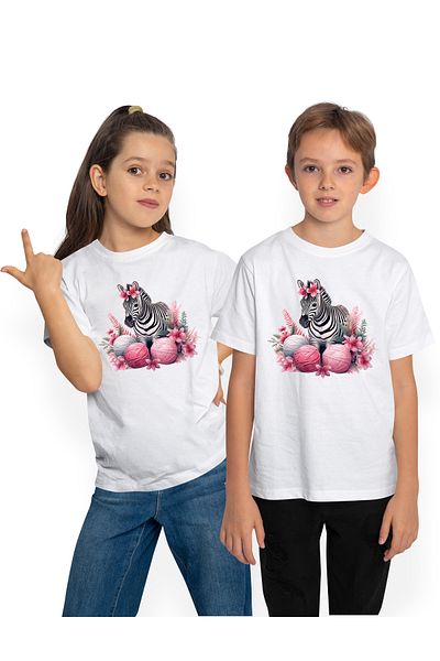 StoryGift Romania Children's T-shirt with a zebra, illustration, poppies, balls of thread, pink, white, plants, nature, a,STG4