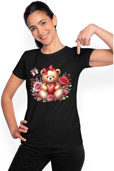 StoryGift Romania Tricou Femei Cu Un Ursulet De Plus, Ilustratie, Inimioare, Trandafir, Iubire, Fl Blk_l