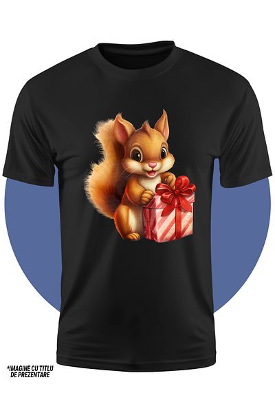 StoryGift Romania Tricou Copii Cu O Veverita Care Are Un Cadou, Ilustratie, Dar, Veselie, Nerabdare, Primit,