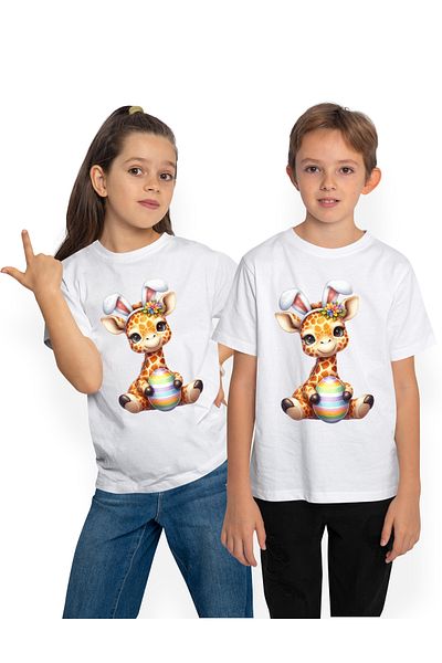 StoryGift Romania Children's T-shirt with a giraffe, illustration, rabbit ears, egg, cheerful, happy, playful 10,STG4
