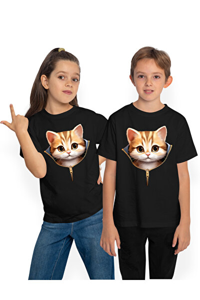 StoryGift Romania Tricou Copii Cu Un Pisoi, Ilustratie, Fermoar, Surprins, Fe...