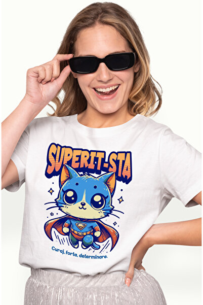 StoryGift Romania Tricou Femei Super It-sta, Supererou, Pisica Zburand, Cu Imprimeu Pe Fata, 100% Wht_l
