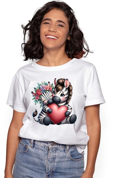 StoryGift Romania Women's T-shirt with 2 zebras hugging and holding a heart, illustration, crowned WHT_L,STG57113