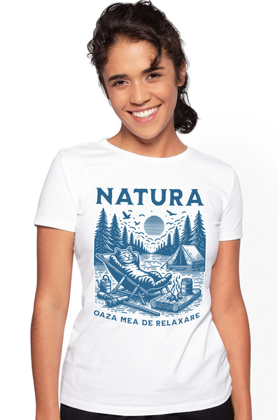 StoryGift Romania Tricou Femei Pisica In Natura Relaxare Cu Cortul Padure Cercetas Cu Imprimeu Pe Wht_m