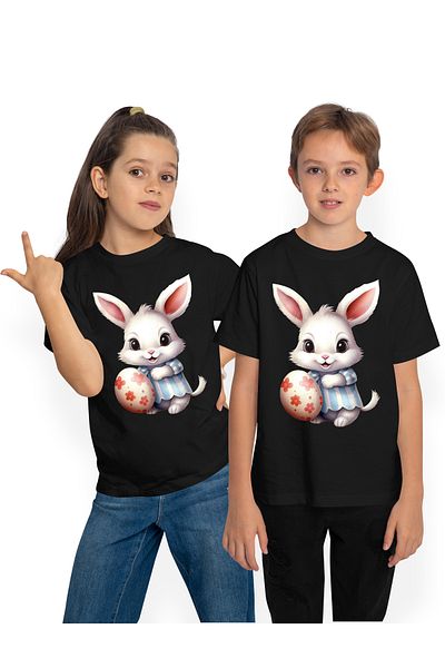 StoryGift Romania Tricou Copii Cu Un Iepuras Alb Care Tine Un Ou Vopsit, Ilustratie, Sarbatori Pascale, Vese