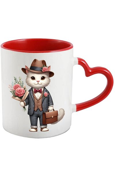 StoryGift Romania Cana Cu Un Motan Alb La Costum Care Tine Un Buchet Cu Trandafiri Si O Servieta |, Cu Maner Inim Stg