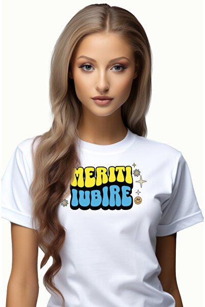 StoryGift Romania Tricou Femei Meriti Iubire, Cu Imprimeu Pe Fata, 100% Bumba...