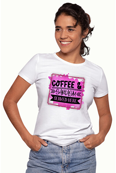 StoryGift Romania Women's T-shirt with the message "Coffee & Sarcasm served here", illustration, liquid, flutes WHT_L