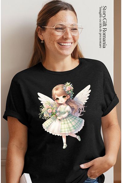 StoryGift Romania Tricou Femei Cu O Fetita Cu Aripi De Ingeras, Ilustratie, Floricele, Buchet Cu T Blk_l
