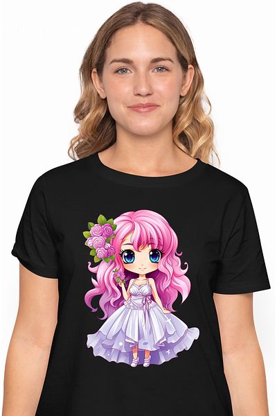 StoryGift Romania Tricou Femei Cu O Fata Cu Parul Roz, Ilustratie, Rochie De Mireasa, Alba, Ocazie Blk_l