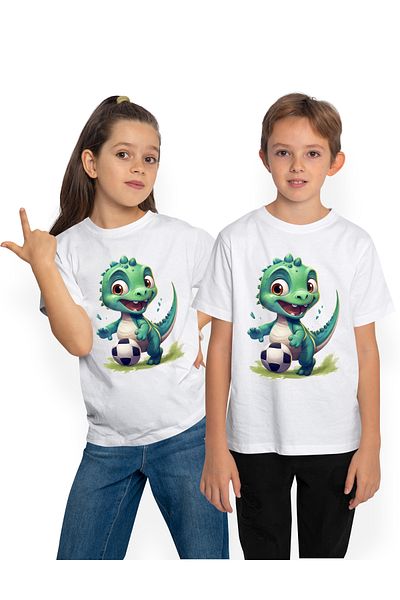 StoryGift Romania Kids T-shirt with a green dinosaur playing football, illustration, match, training, victor, STG4