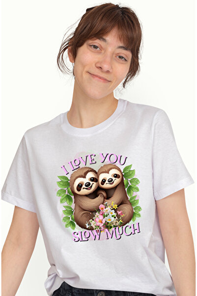 StoryGift Romania Tricou Femei Cu 2 Sloths/lenesi Cu Mesajul "i Love You Slow Much", Incet, Lent, Wht_m