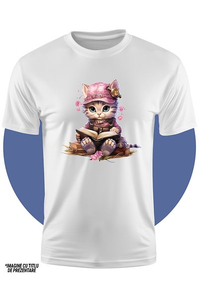 StoryGift Romania Tricou Copii Cu O Pisicuta Care Tine O Carte Deschisa, Studiaza, Sapca, Lectura, Invata, P
